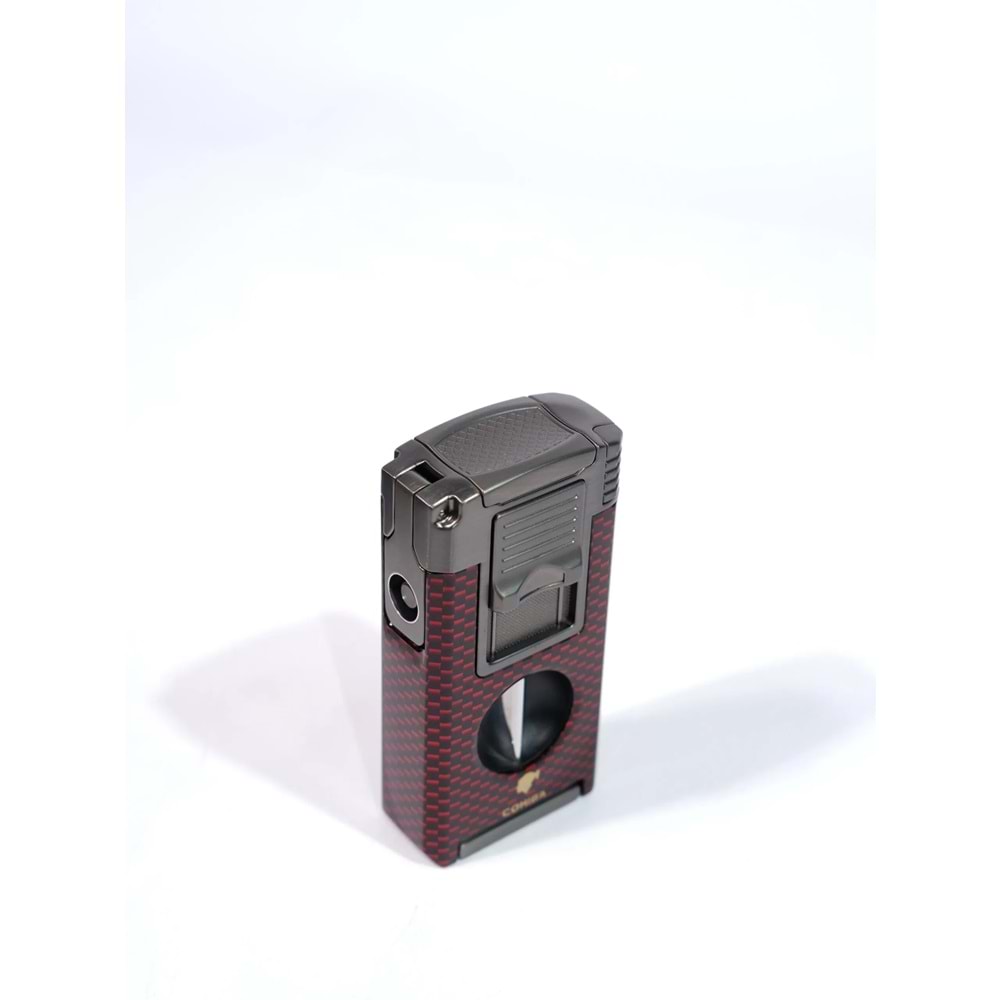 COHIBA ÇAKMAK V- CUTTER VE TOURCLU SİYAH-GREY-KIRMIZI ÇİFT PÜRMÜZLÜ ÇAKMAK CCM0761