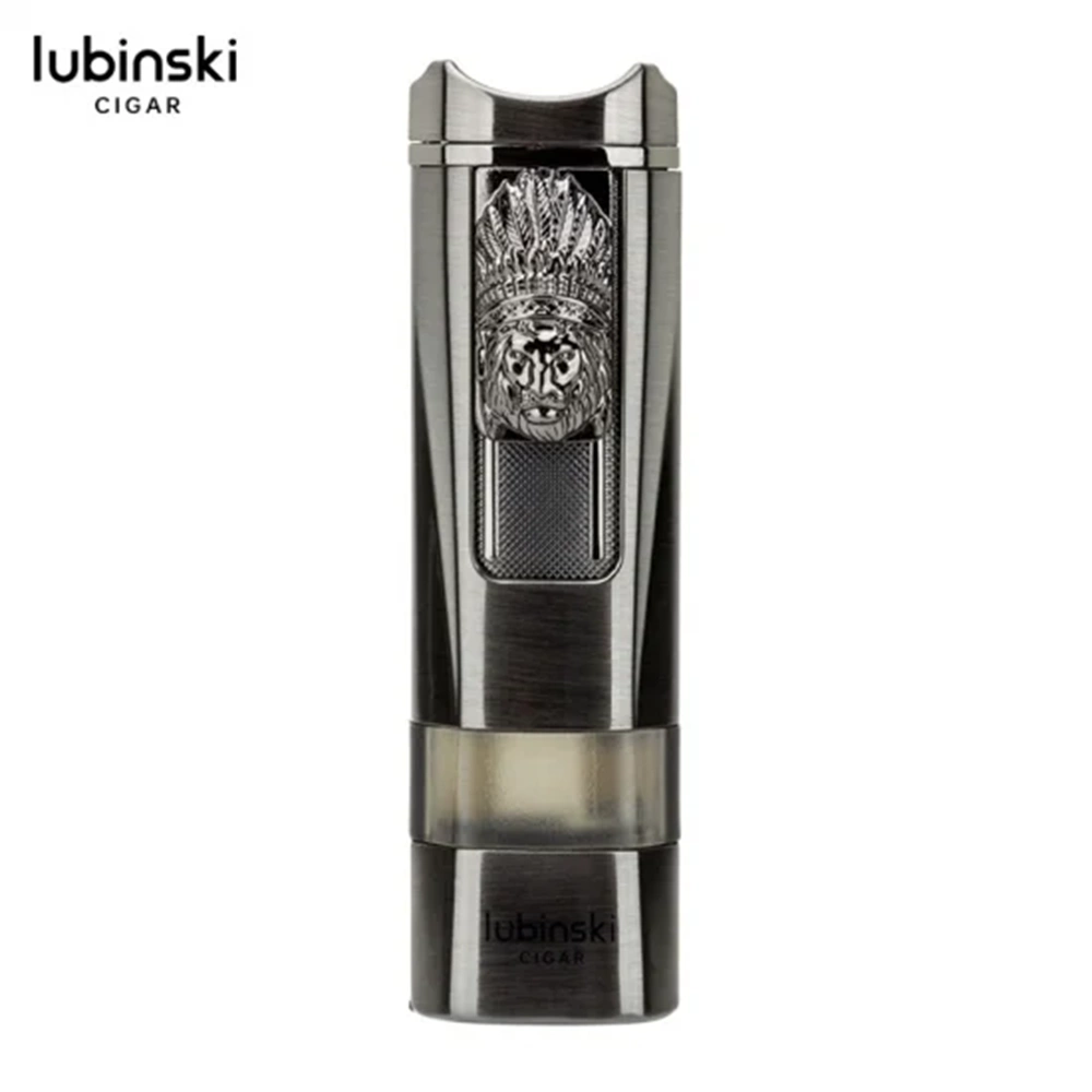 LUBİNSKİ LİON SEHPALI DELİCİLİ TEK TORCH PURO ÇAKMAĞI GUN METAL