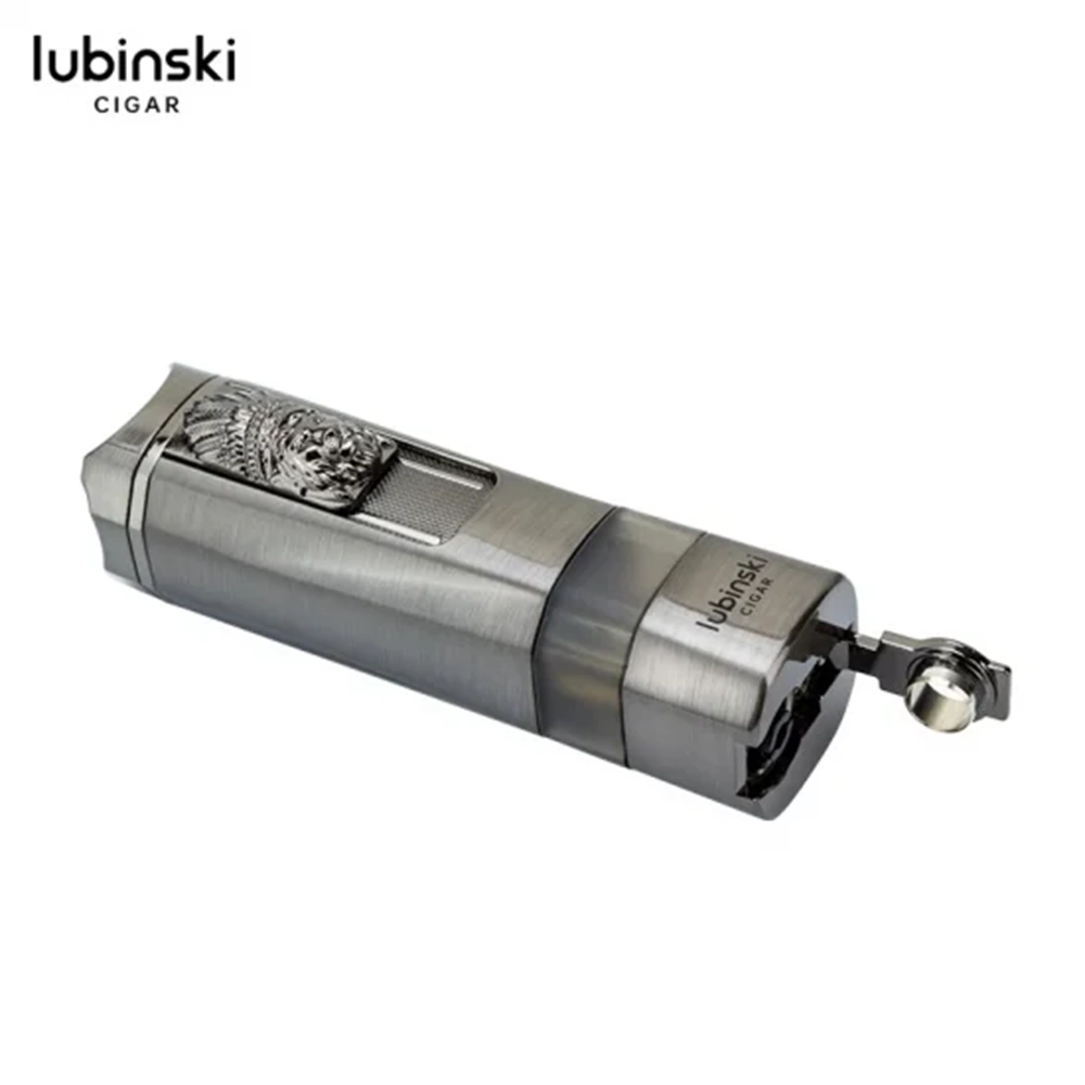 LUBİNSKİ LİON SEHPALI DELİCİLİ TEK TORCH PURO ÇAKMAĞI GUN METAL