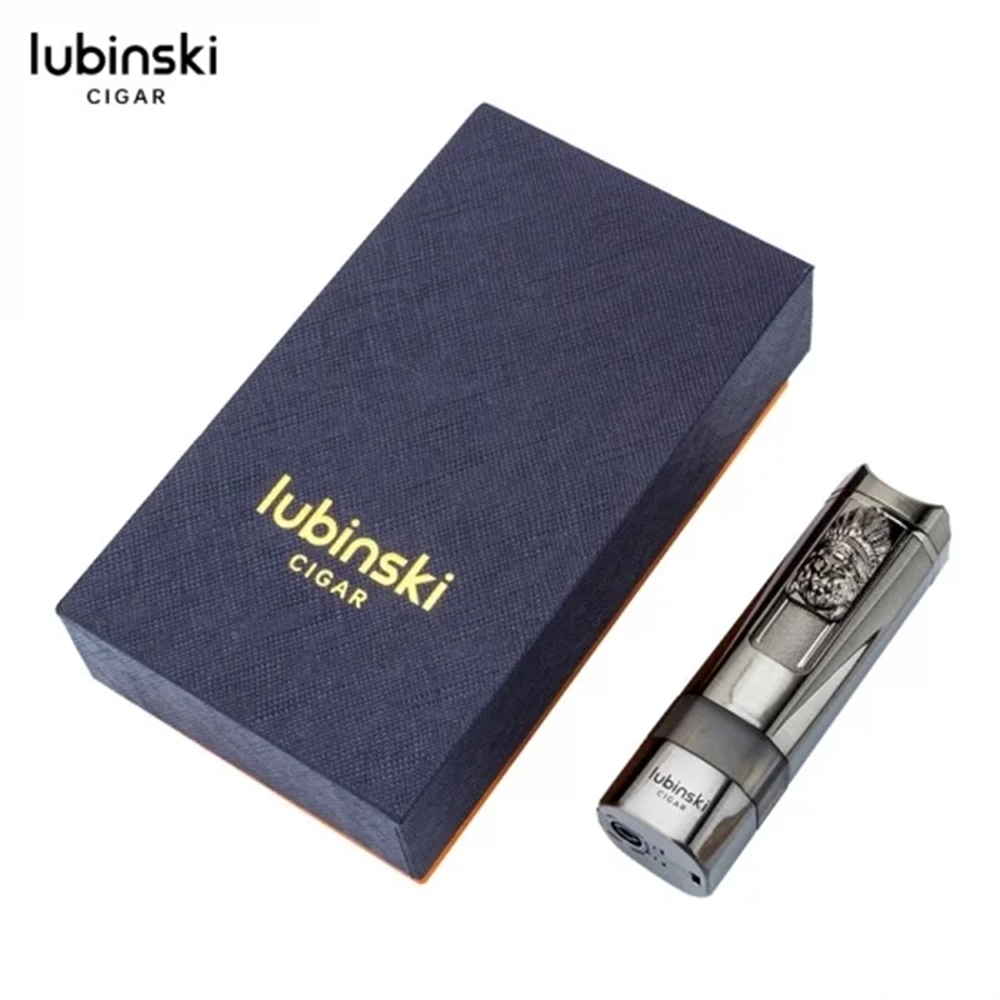 LUBİNSKİ LİON SEHPALI DELİCİLİ TEK TORCH PURO ÇAKMAĞI GUN METAL