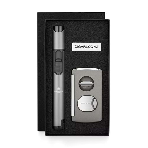 CİGARLOONG KESİCİ ,DELİCİ VE ÇAKMAKLI PURO SETİ GREY