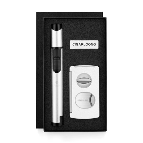CİGARLOONG KESİCİ ,DELİCİ VE ÇAKMAKLI PURO SETİ SİLVER
