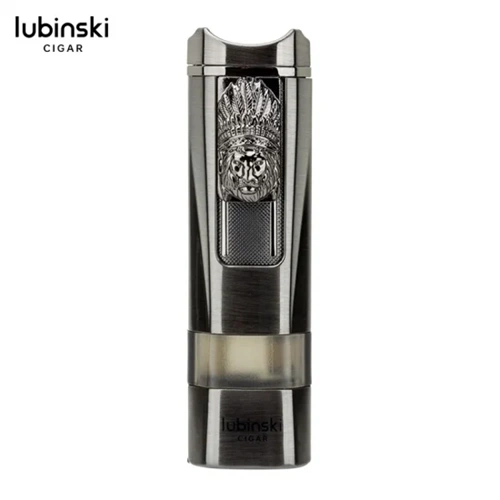 LUBİNSKİ LİON SEHPALI DELİCİLİ TEK TORCH PURO ÇAKMAĞI GUN METAL